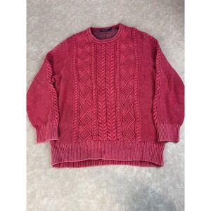 Nautica Mens Cable FishermanKnit Pullover Crewneck Sweater 100% Cotton Red Large